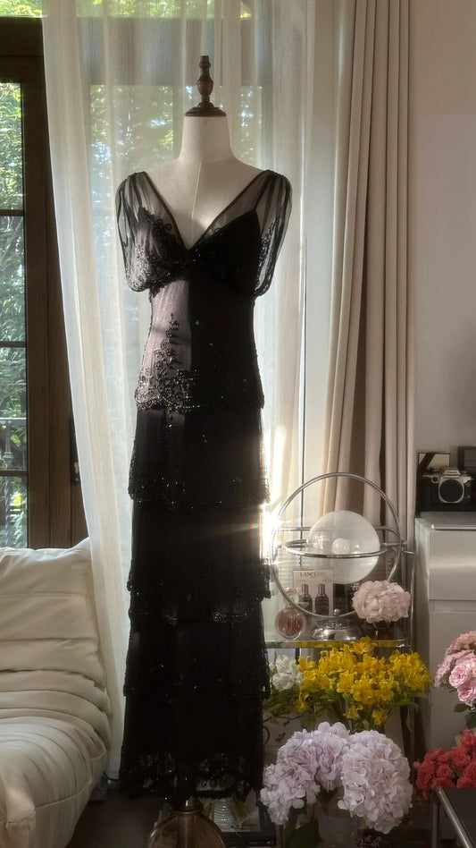 Charming Sheath V Neck Layered Full of charm Beaded Black Chiffon Party Dress
