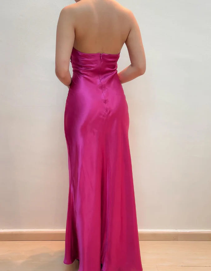 Hot Pink Mermaid V Neck Beaded Satin Open Back Prom Dress