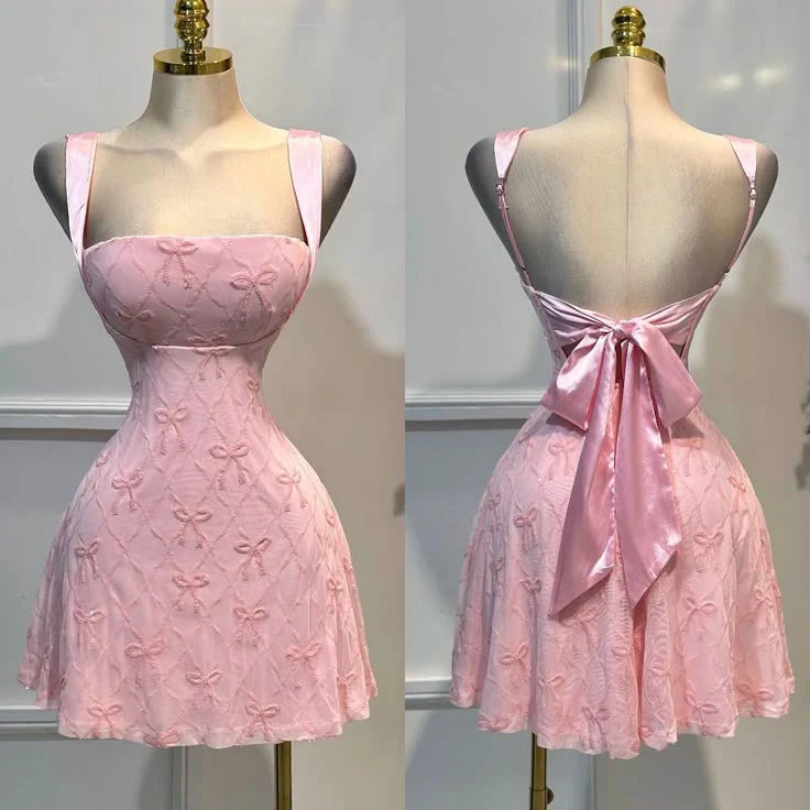 Cute Pink A-Line Square Neck Embroidered Homecoming Dress Chiffon Bow Open Back Short Prom Dresses