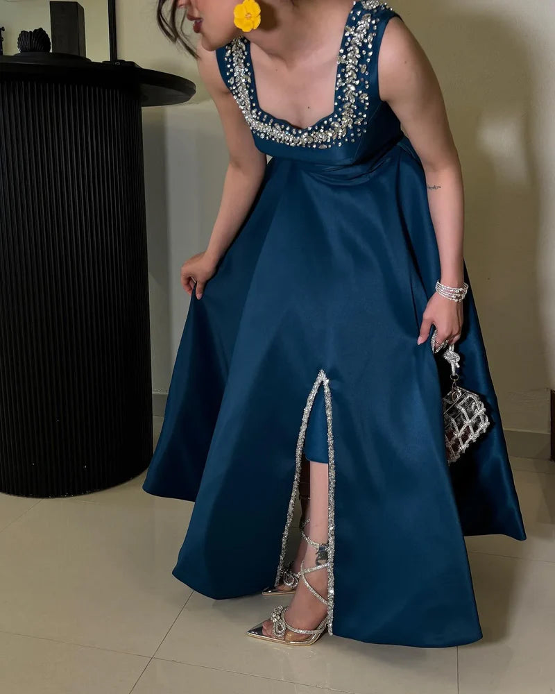 Women Beaded Tassel Party Evening Dress Ankle Length Elegant Square Neck Prom Gown