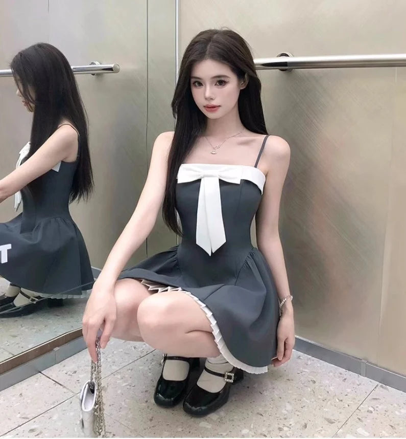 French style stitching retract your waist suspender party dress with bow