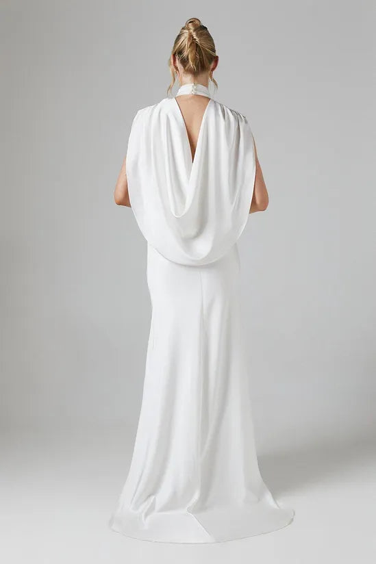 High Neck Retract Your Waist Keyhole Cape Back Satin Bridesmaids Dress