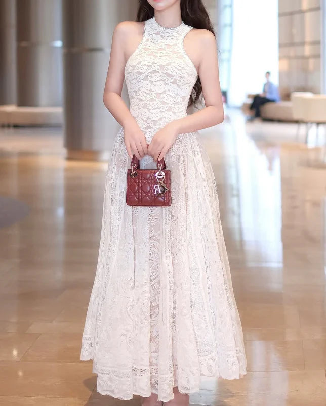 A Line Round Neck Lace Long Prom Dress Elegant White Evening Dress