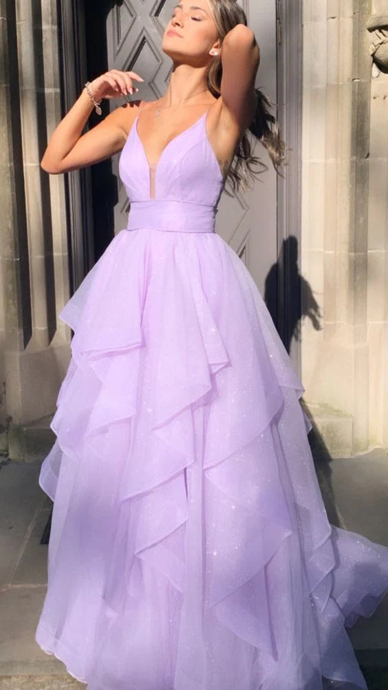 Purple V-Neck Tulle Long A-Line Party Evening Dresses