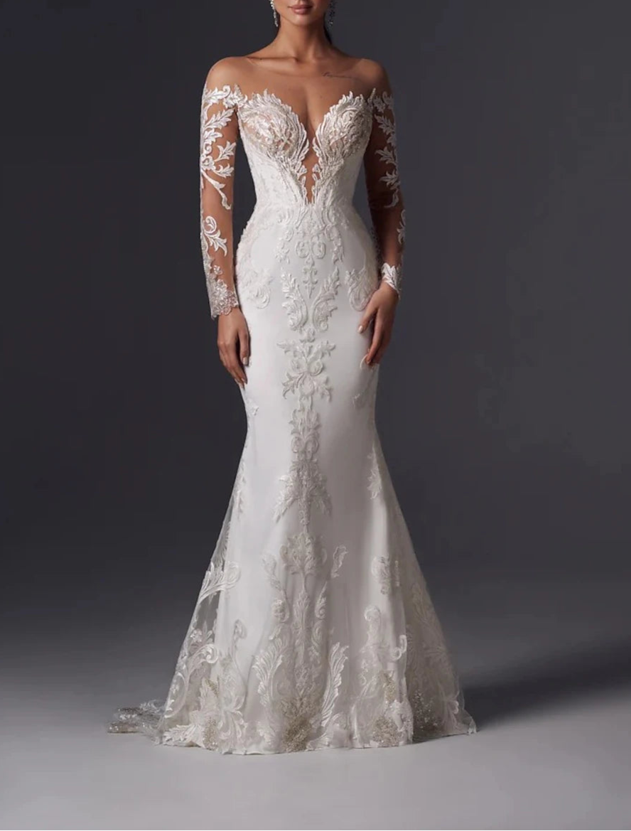 Engagement Train Satin Formal Wedding Dresses Mermaid Off Shoulder Long Sleeve Court Bridal Gowns