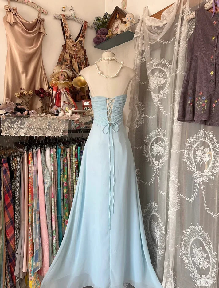 Baby Blue A Line Sweetheart Neck Beaded Chiffon Prom Dress