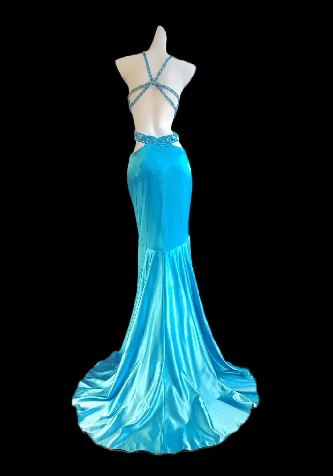 Hi-Lo Backless Satin Beaded Prom Dresses Elegant Vintage Blue Spaghetti Straps Evening Dress