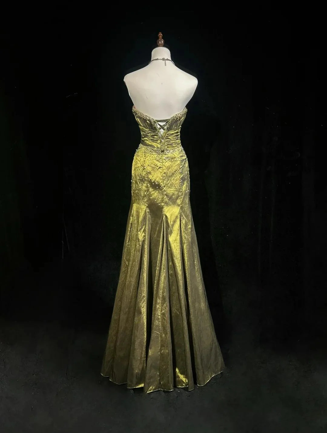 Elegant Green Strapless Mermaid Beaded Satin Long Prom Dresses Formal Evening Gowns