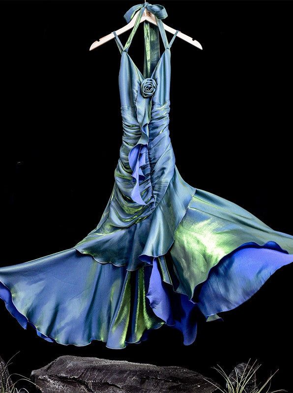 Vintage Mermaid Spaghetti Straps Ruffle Ice Blue Satin Long Length Prom Dress