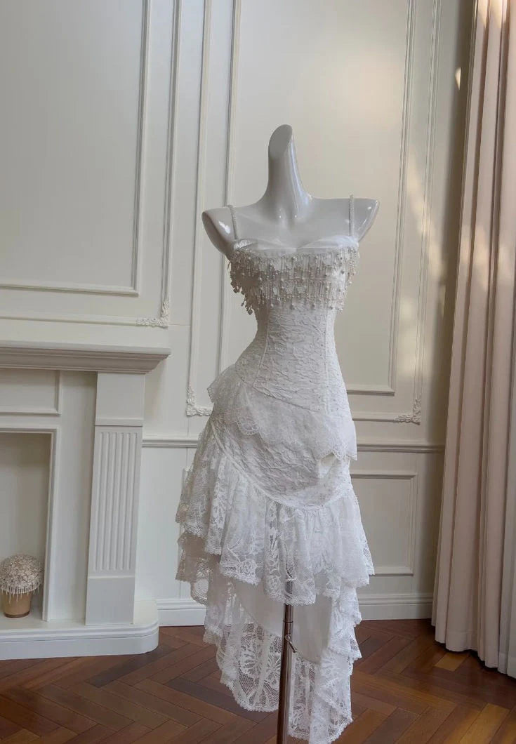 Cute A Line Spaghetti Strap Tiered Pearl White Lace Party Dress