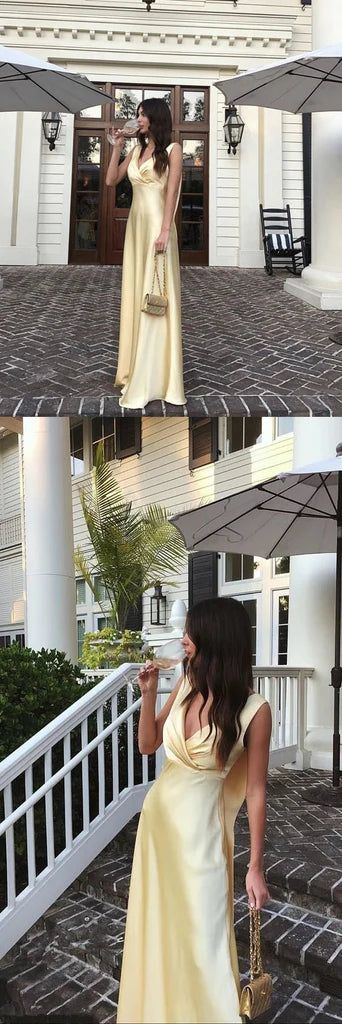 Unique design Pleats Simple A Line V neckline Yellow Long Prom Dresses