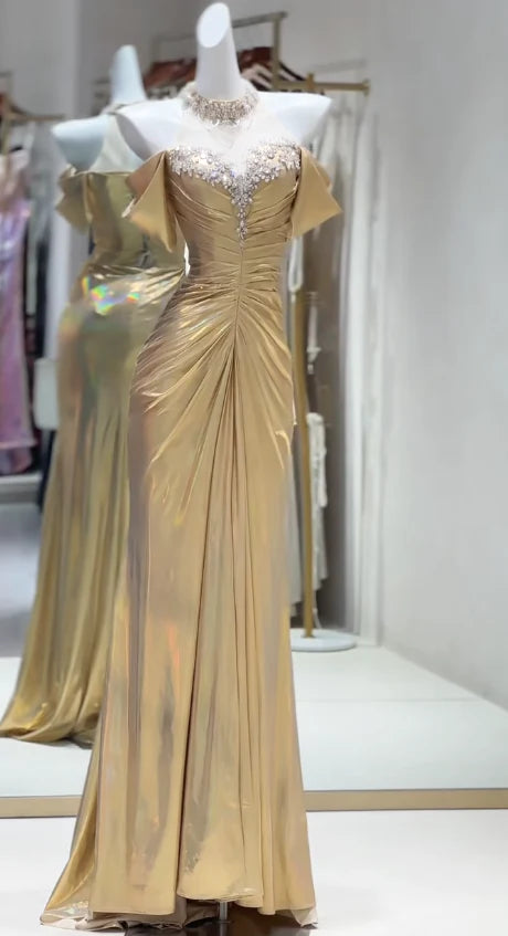 Off Shoulder Mermaid Satin Long Prom Dresses Elegant Yellow Formal Evening Gowns