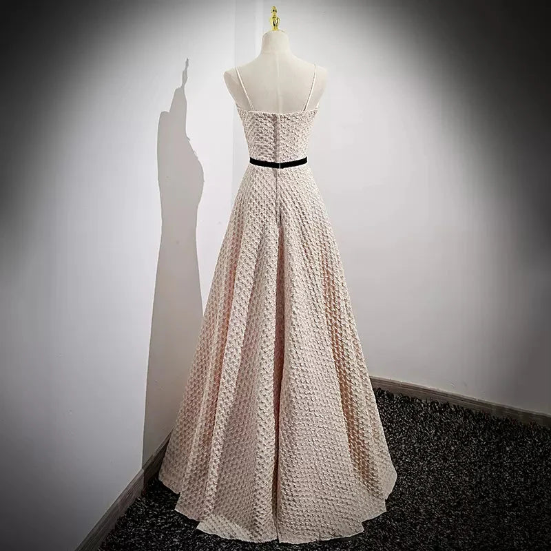 Simple A line Long Lace Spaghetti strap Retract Your Waist Prom Dresses