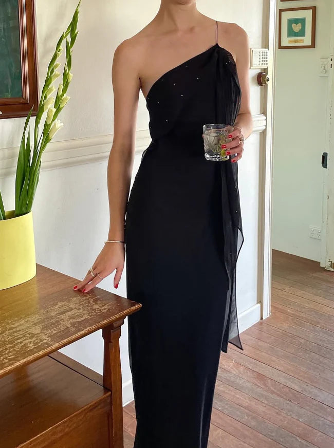 Sexy Sheath Spaghetti Strap Beaded Black Chiffon Long Prom Dress