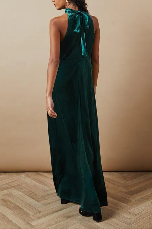 Petite Full of charm Velvet Halter Bias Cut Sleeveless Maxi Bridesmaids Dress