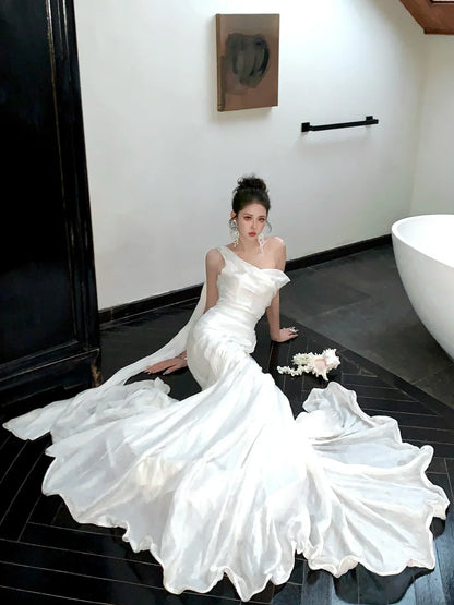 Straps White Satin Long Sweep Party Dress Elegant Mermaid Wedding Dress
