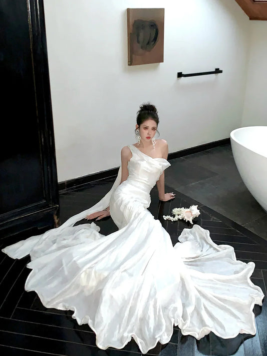 Straps White Satin Long Sweep Party Dress Elegant Mermaid Wedding Dress