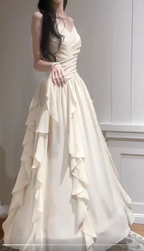 Spaghetti Straps A-Line Chiffon Long Prom Dresses Elegant Apricot Birthday Evening Gowns