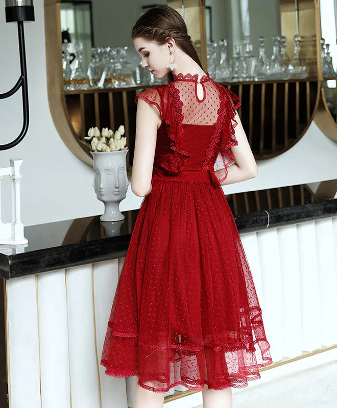 Burgundy Tulle Lace Short Prom Dress, Retract Your Waist Homecoming Dress