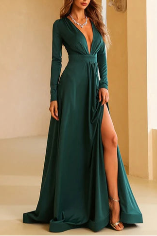 Exquisite tailoring Raspberry V-Neck Long Sleeve A-Line Long Evening Dress