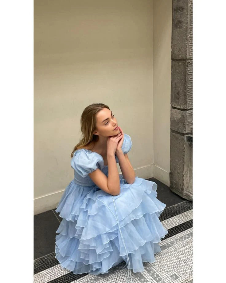Cute Blue Tulle Tiered Hepburn Princess Prom Dress Evening Dress Ball Gown