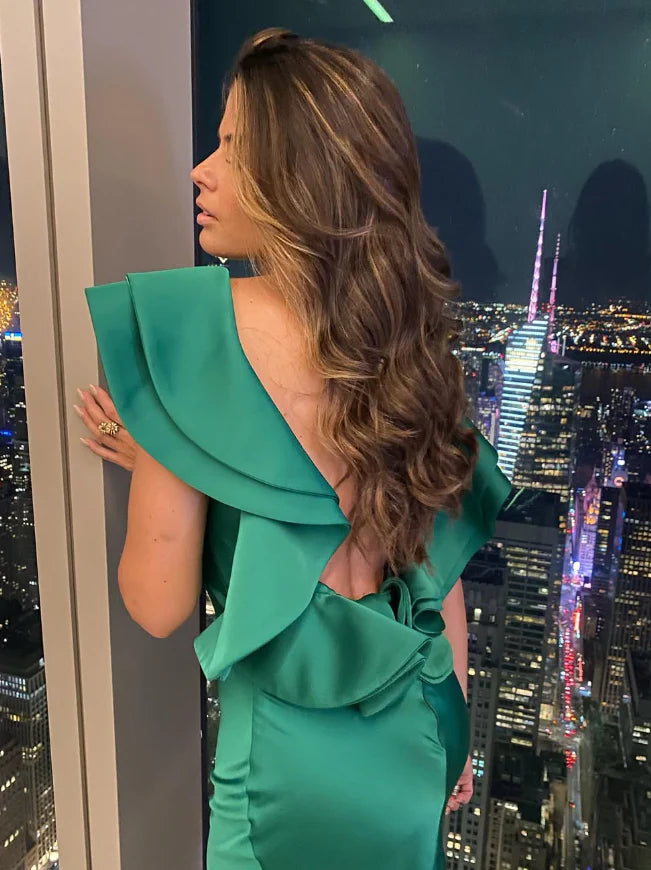 Green Satin Open Back Long Prom Dress Charming Sheath Evening Dress