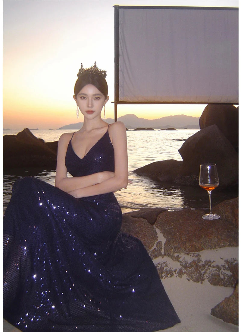 Sexy Sheath Blue Sequin Beach Spaghetti Straps Dress Women's Vacation Dresses Prom Dress