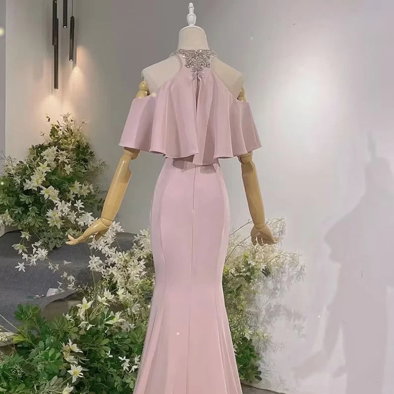 Pink Vintage Off The Shoulder Long Mermaid Prom Dress Elegant Evening Dress