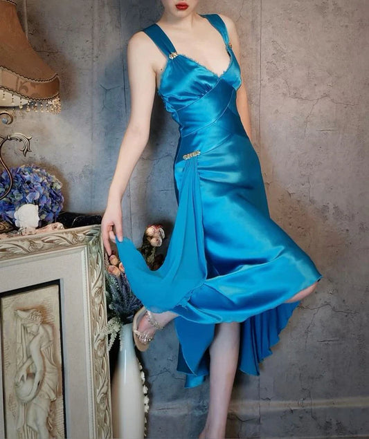 Elegant A Line Straps Blue Satin Party Dress Sleeveless Evening Dress