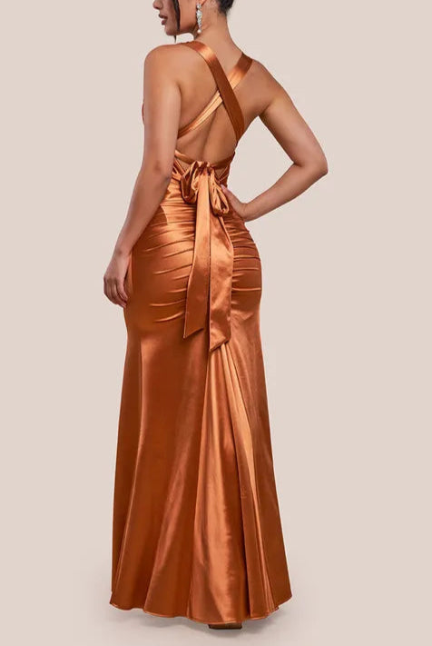 Multi Tied Satin Retract Your Waist Gathered Ring Bridesmaids Maxi Dress