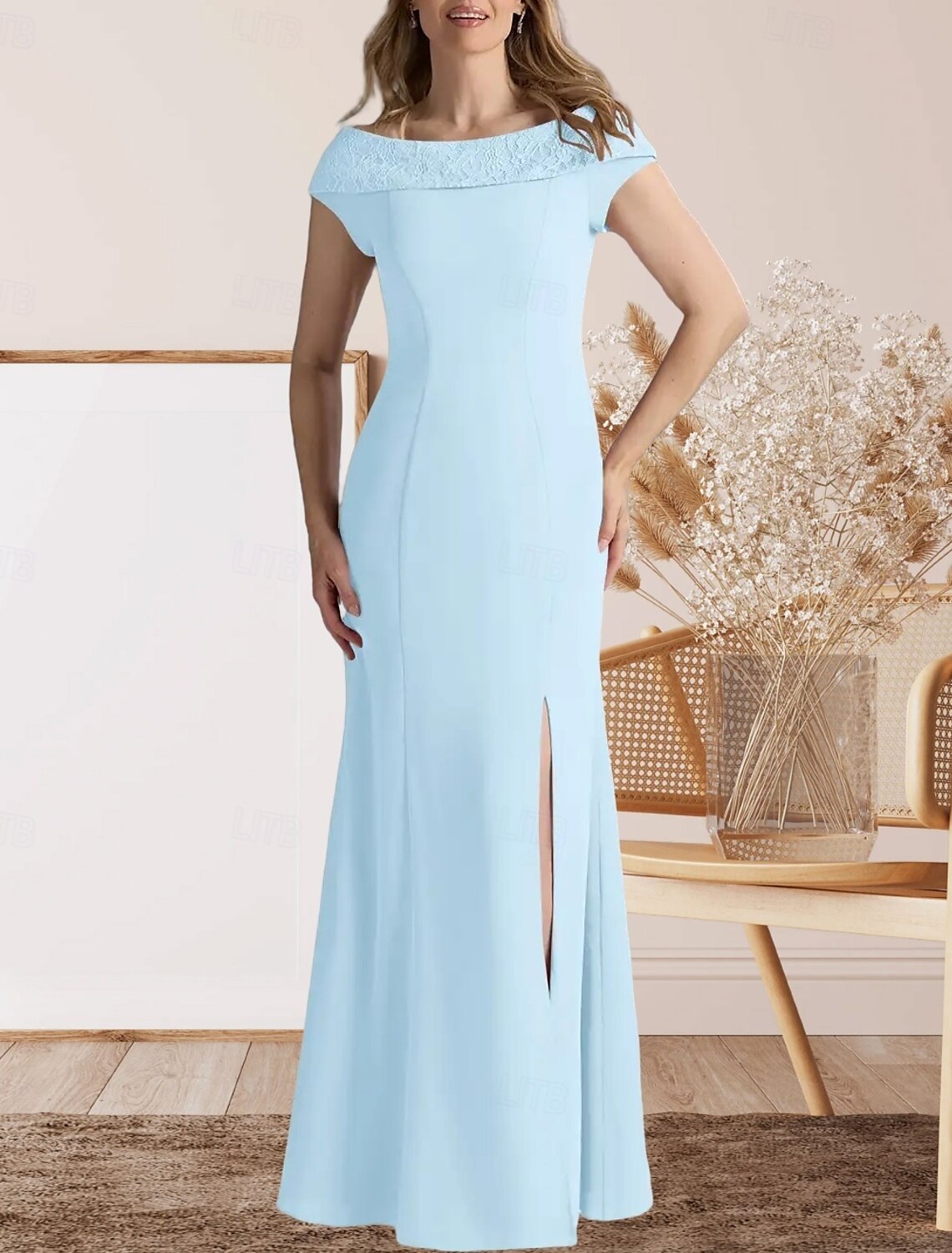 Mermaid / Trumpet Mother of the Bride Dress Wedding Guest Elegant Sweet Crew Neck Floor Length Lace Stretch Fabric Cap Sleeve with Lace Split Front 2025