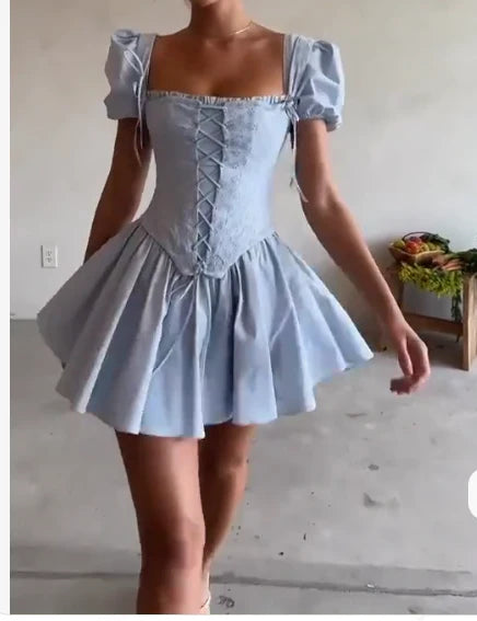 Sweet Sky Blue Square Neck Satin Corset A-Line Party Dresses Short Prom Dresses