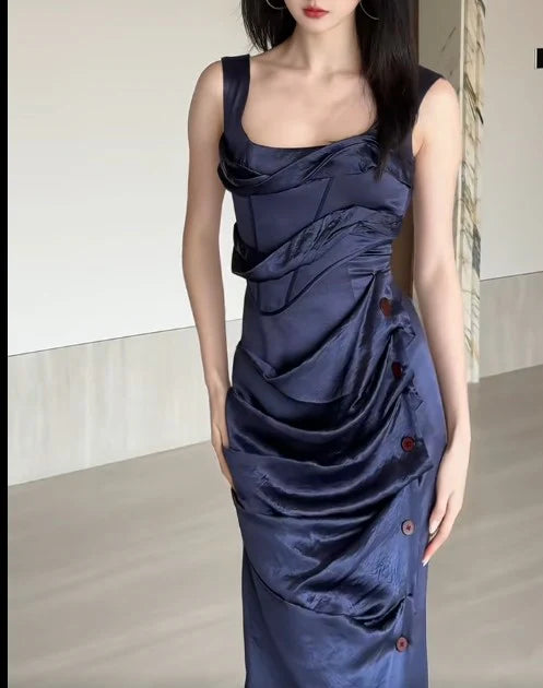 Square Neck Satin Pleated Party Dress Glam Navy Blue Cocktail Dress