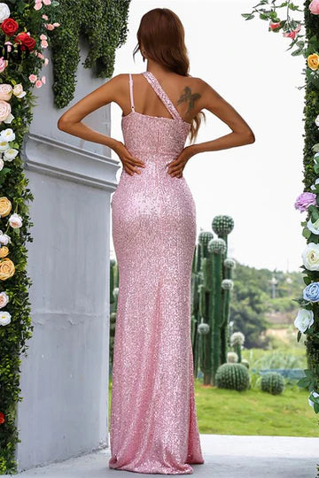Pink Sequin One-Shoulder Cutout Mermaid Long Evening Dress
