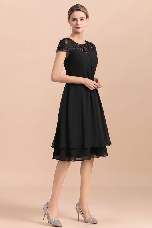 Black Chiffon Mother of Bride Dress Short Wedding Guest Dresses with Beadings Cap Sleeve