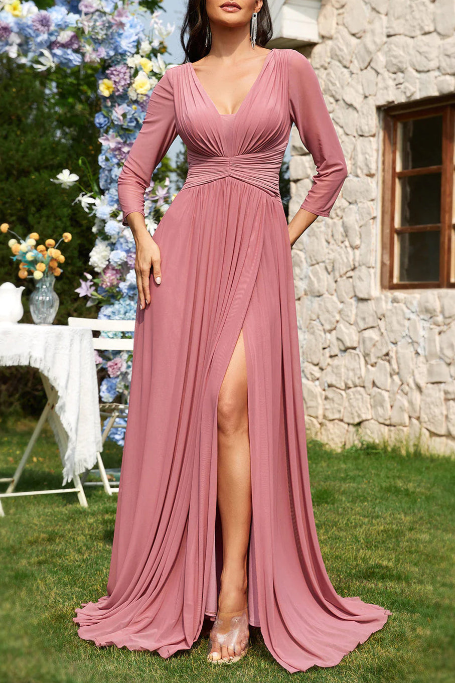 A-Line V-Neck Long Sleeves Chiffon Dusty Rose Long Formal Dress