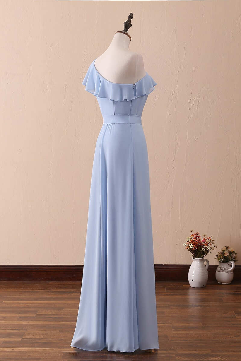 One-Shoulder Ruffled Chiffon Long Bridesmaid Dress Periwinkle A-Line Prom Dress