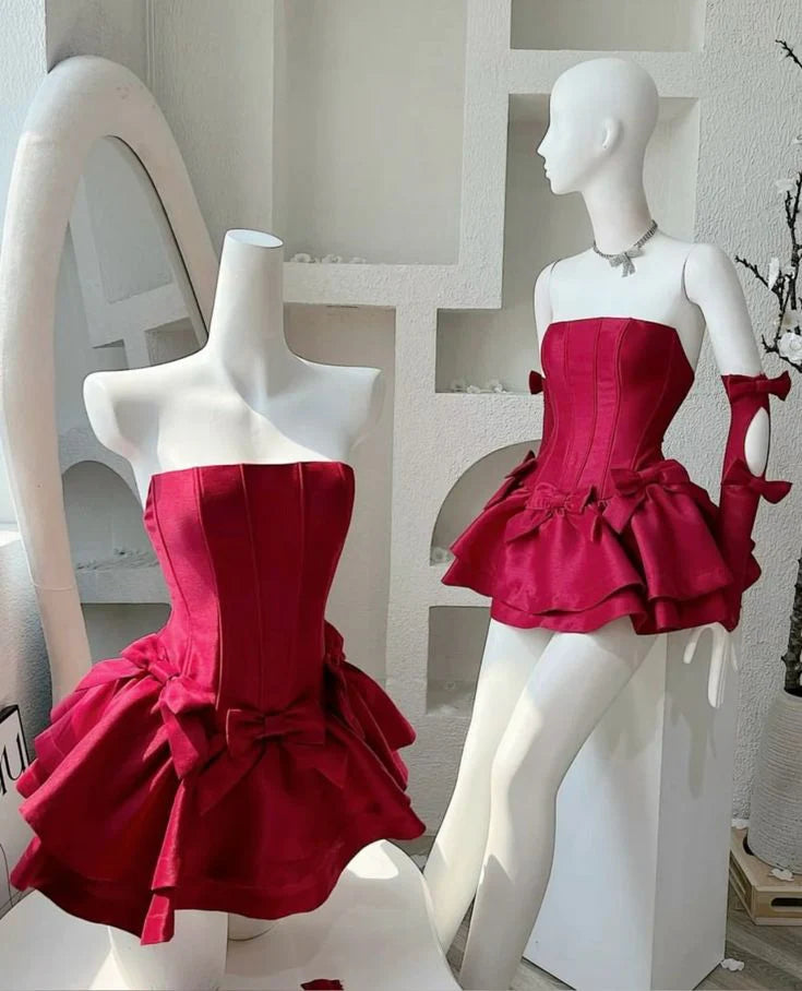 Unique design Simple Strapless Sleeveless Satin A-Line Mini Homecoming Dress