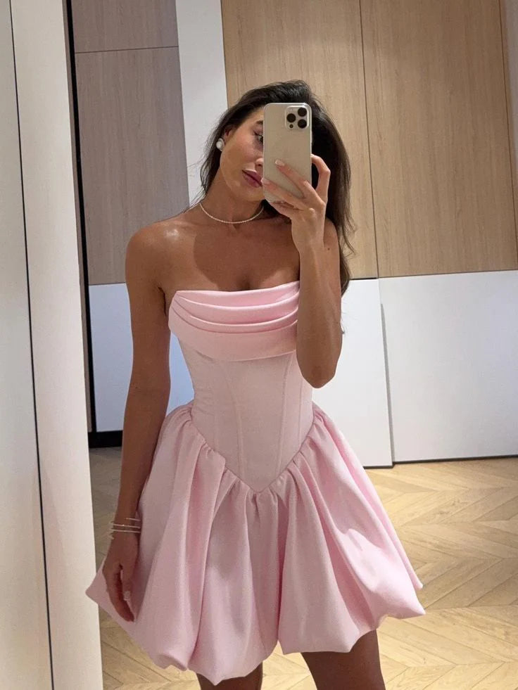 Strapless A-Line Satin Short Prom Dresses Elegant Sweet Pink Homecoming Dress