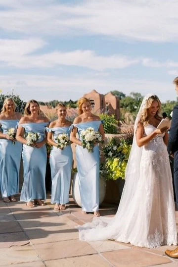 Blue Sheath Unique design Off-Shoulder Satin Bow Pleated Long Bridesmaid Dress