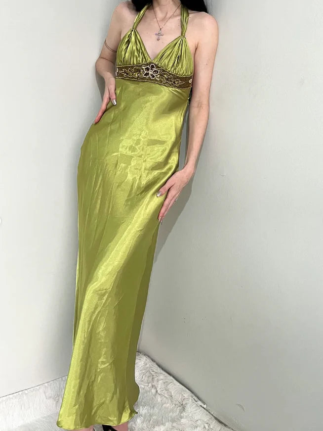 Vintage Sheath Halter Beaded Green Satin Open Back Prom Dress
