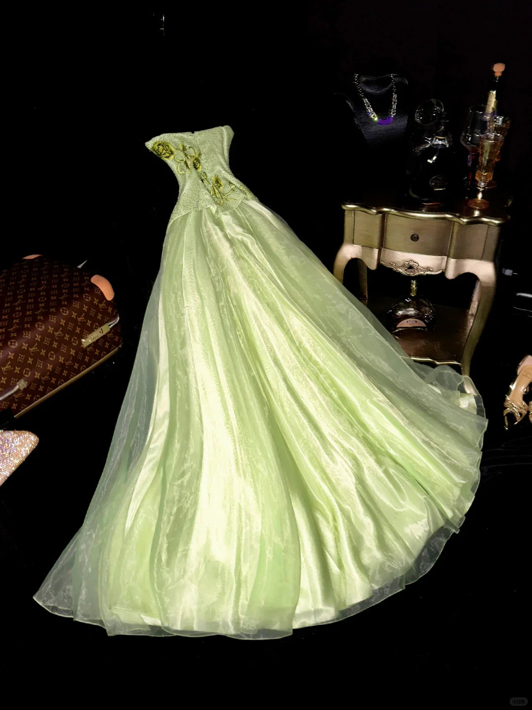 Gentle A Line Strapless Beaded Embroidery Green Organza Satin Long Party Dress