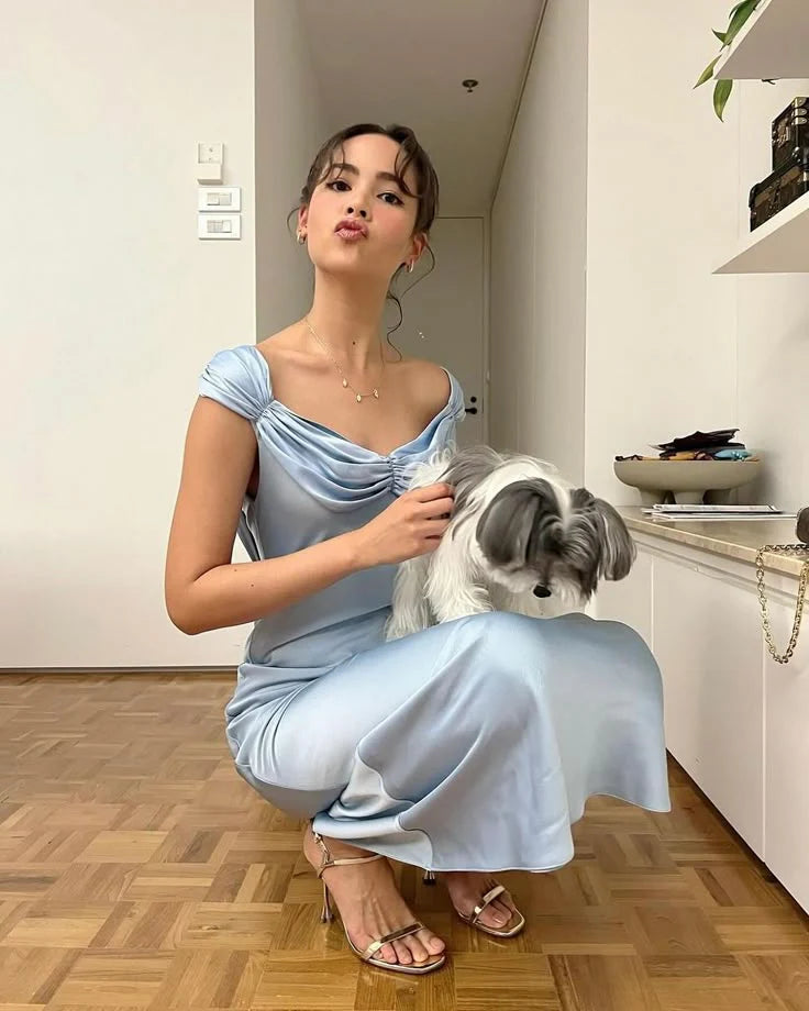 Sheath Straps Blue Satin Long Evening Dress Gentle Party Dresses