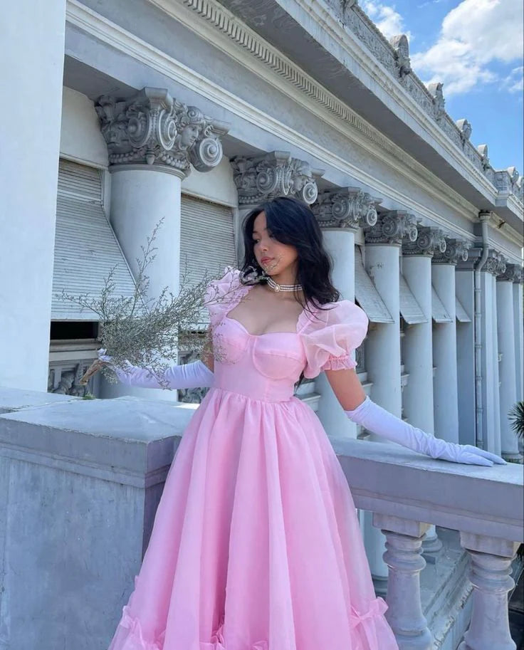 Unique design Vintage A-line Prom Dress Pink Retract Your Waist Organza Princess Dress
