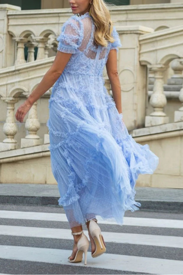 Fairytale Mock Neck Sleeved Dotted Tulle Tiered Ruffle Maxi Party Dress