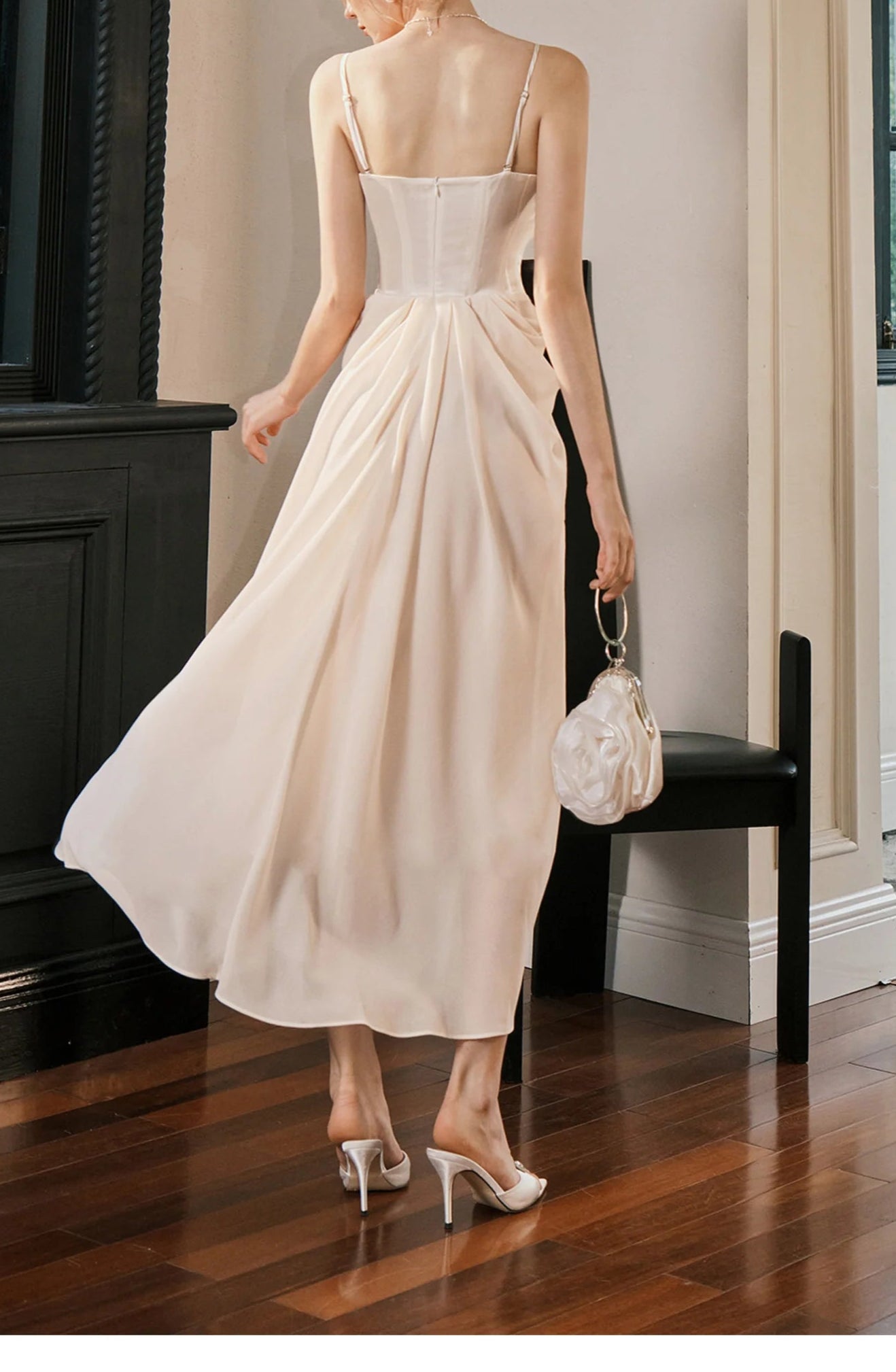 Pearl Pendant Spaghetti Straps Party Dress Satin Light Champagne French Chiffon Birthday Dress