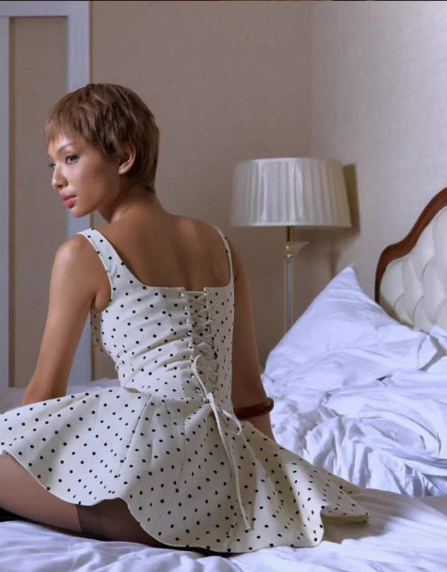 Cute A Line Strap Black Polka Dot White Satin Short Homecoming Dress