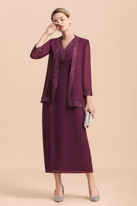Grape Chiffon 2 Piece Mother of Bride Dress Wedding Guest Suits with Wraps Lace Appliques