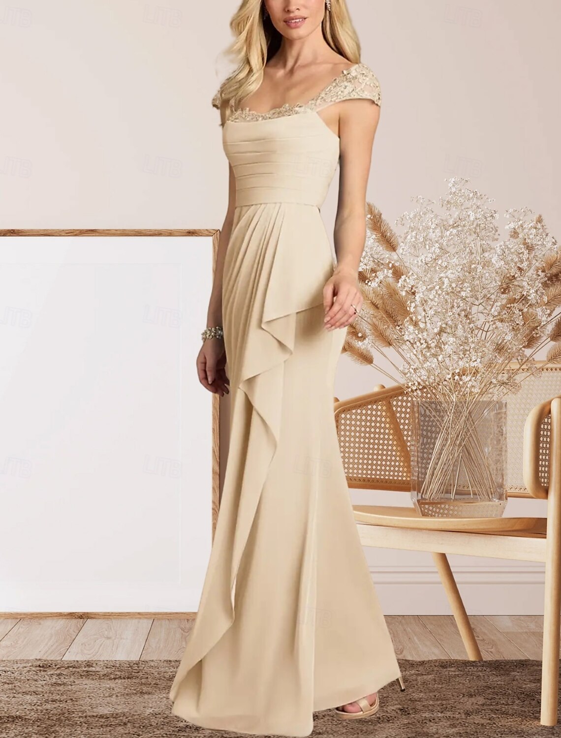 A-Line Mother of the Bride Dress Wedding Guest Elegant Sweetheart Floor Length Chiffon Cap Sleeve with Lace Ruching