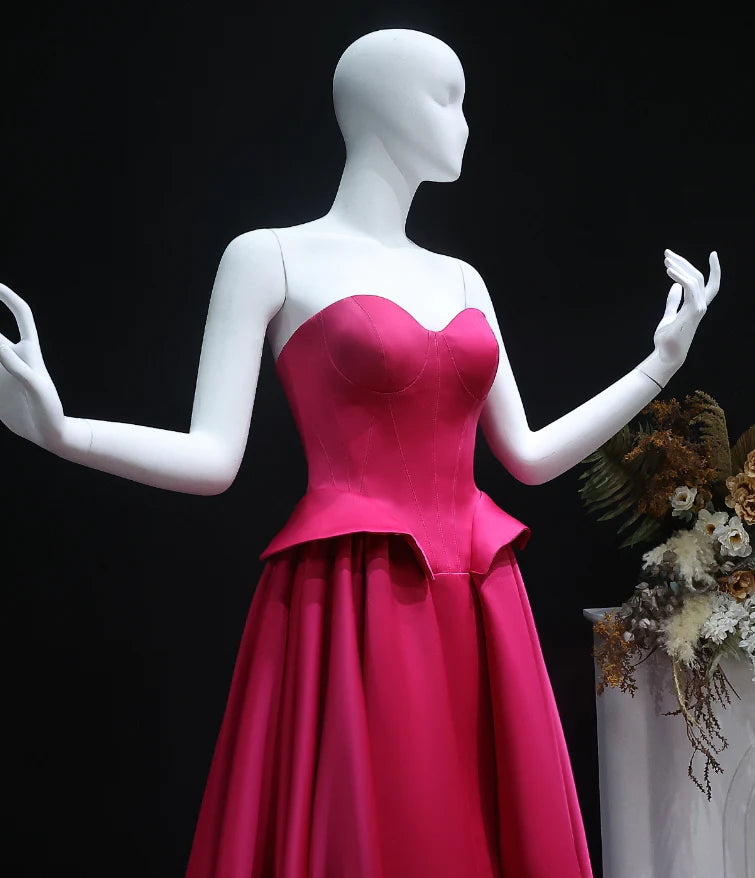Hot Pink A Line Sweetheart Neck Satin Long Sweep Prom Dress